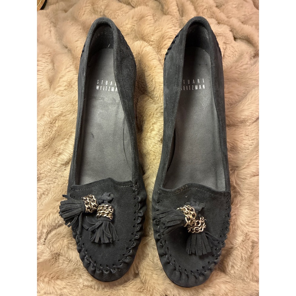 Stuart Weitzman Black Suede Tassel Wedge Moccasin Pumps Silver Chain Accent